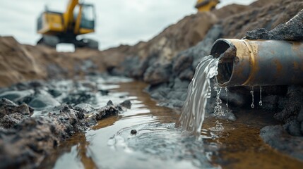 Water flowing from a pipe into a muddy construction site with a blurred excavator in the background.