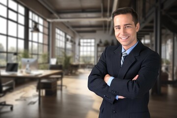 Fototapeta premium Happy young businessman leader standing in office.