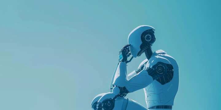 3D rendering of a robot sitting on its knees and holding its head in its hands. The robot is white and blue and is looking down at the ground. The background is a blue gradient.