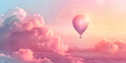Fototapeta premium A hot air balloon floats through a sky full of pink clouds.
