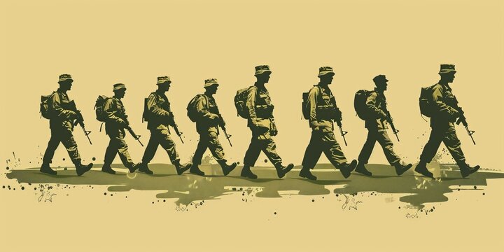 A line of soldiers march in formation.