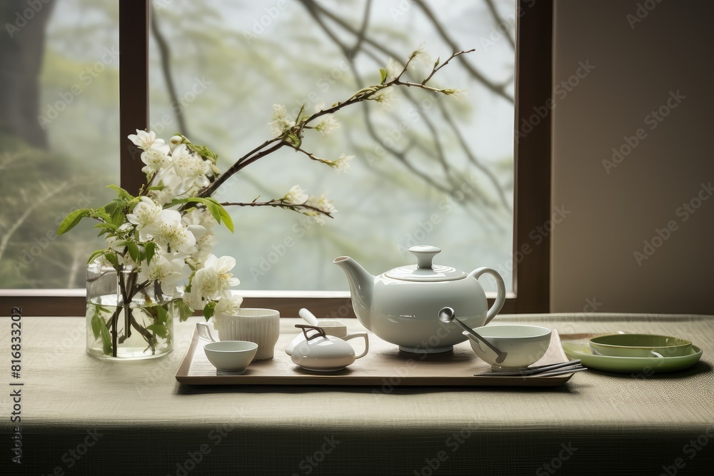 Poster an elegant table set up with a tea set and a vase filled with colorful flowers. generative ai