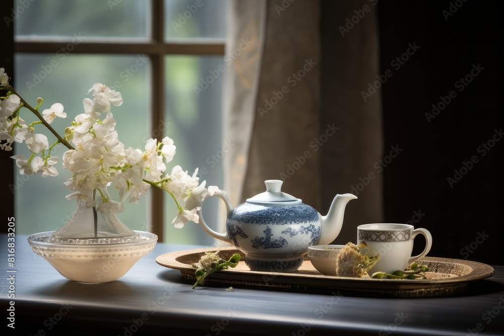 Poster a table is adorned with an elegant tea set and a bouquet of fresh flowers, creating a sophisticated 