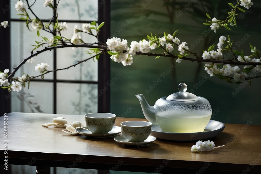 Poster a tea set sits on a table next to a blooming tree, creating a serene and elegant scene. generative a