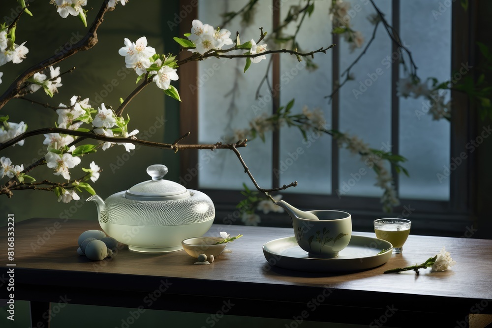 Aufkleber an elegant tea set is placed on a table with a backdrop of colorful flowers. generative ai