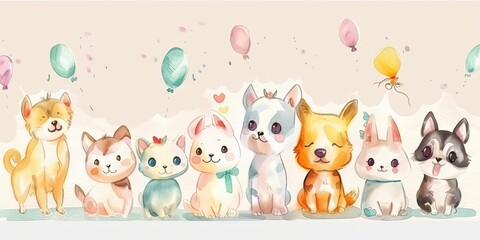 Naklejka premium Cute watercolor illustration of a group of cats and dogs wearing party hats and surrounded by balloons.
