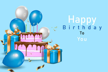 birthday cake,balloons and gift boxes on the light blue color background. use for birthday celebration banner and greeting card design. vector illustration design template.