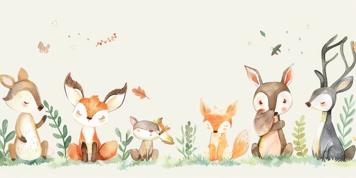 Cute watercolor woodland animal parade. Deer,Hu Li ,Tu Zi ,Wan Xiong He Mao Tou Ying Zai Shu Lin Li Wan Shua .