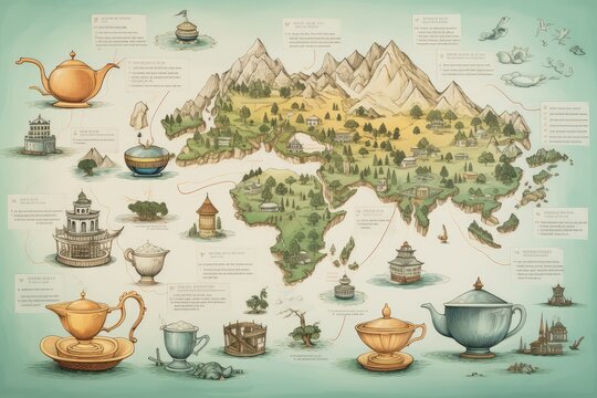 Teapots and teacups scattered across a world map, showcasing global tea culture and diversity. Generative AI