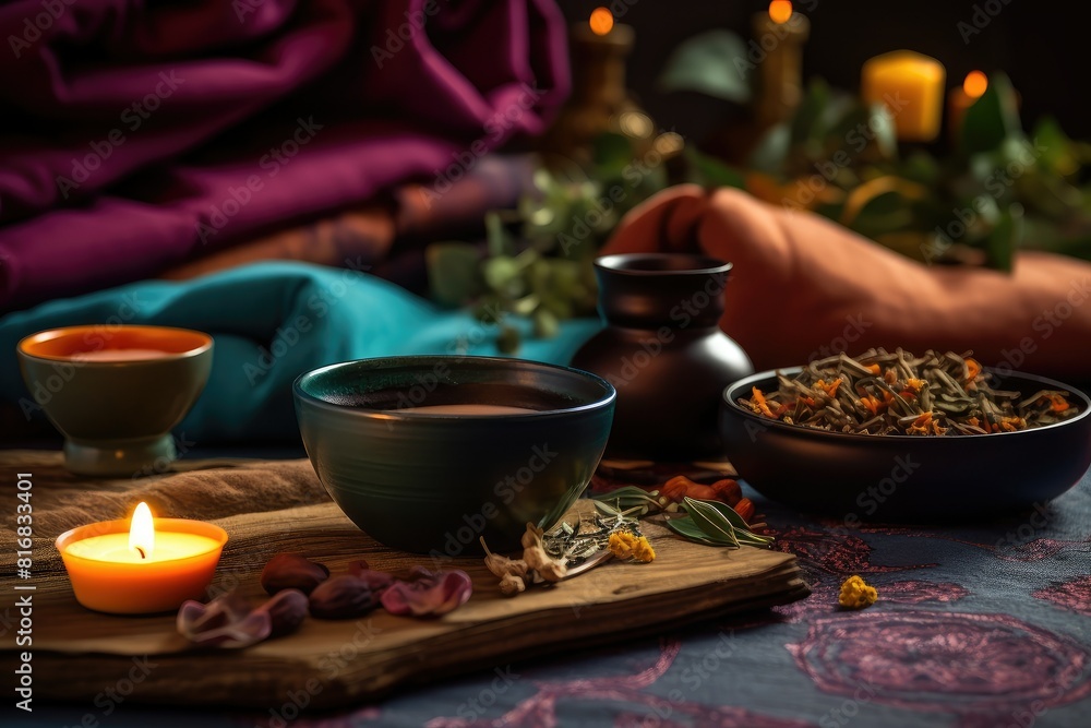 Poster a table is set with bowls of food and glowing candles, creating a warm and inviting atmosphere. gene