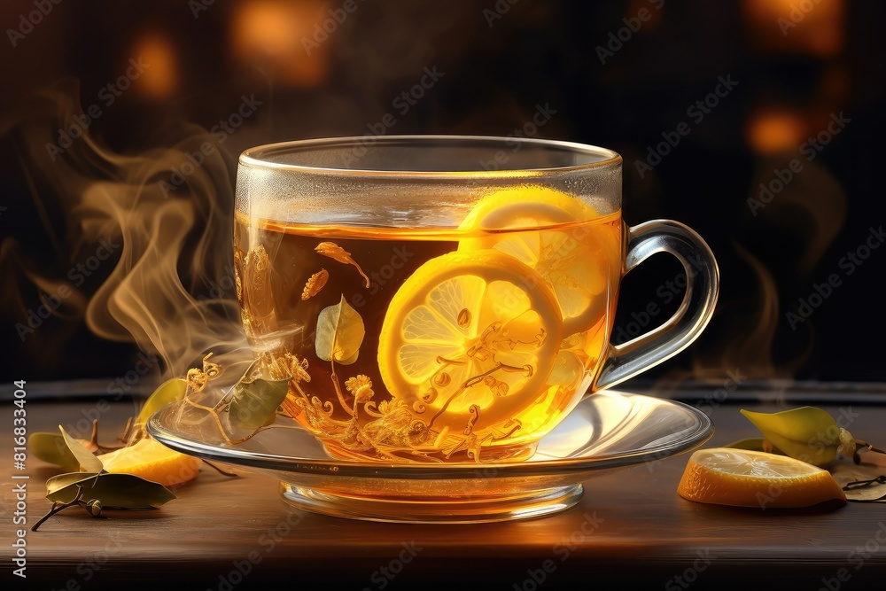 Poster a cup of tea sits on a saucer with lemon slices floating in it. generative ai