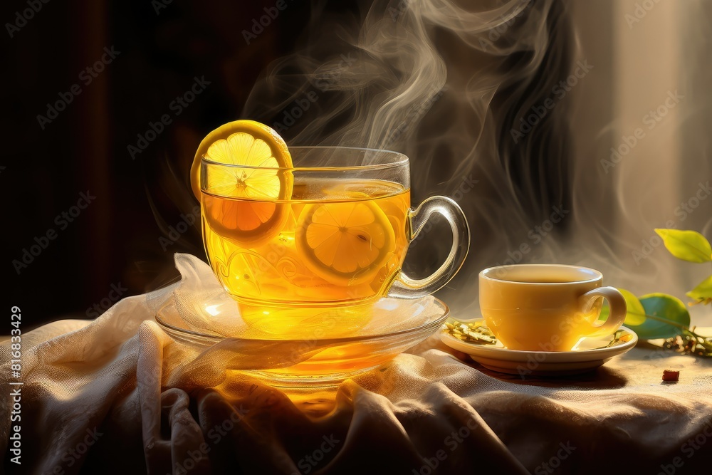 Poster a cup filled with tea and a slice of lemon floating in it. generative ai