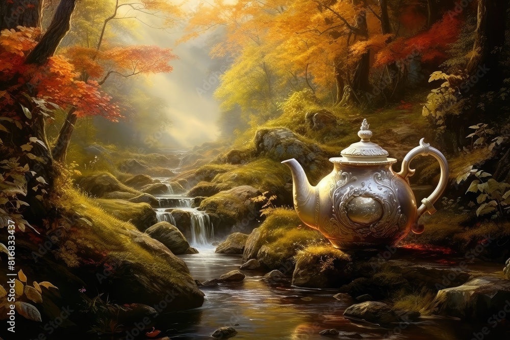 Poster a painting showing a teapot placed among trees in a forest setting. generative ai