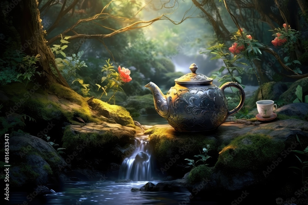 Poster a teapot is painted in the foreground, with a cascading waterfall in the background. generative ai