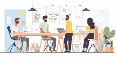 Group of business people discussing ideas in office. Brainstorming, teamwork and creativity concept. Vector illustration.
