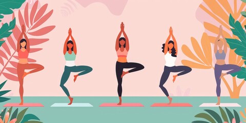 Group of women doing yoga in a class with a pink background