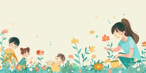 Happy family gardening together. Mother and children planting flowers in the garden. Vector illustration.