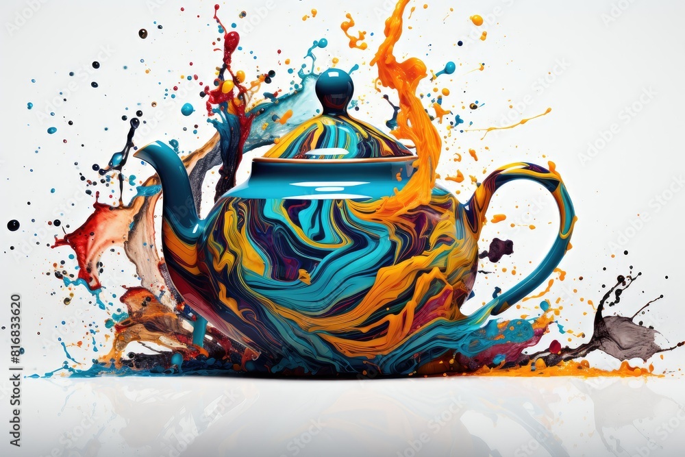 Poster a teapot in various vibrant colors splattered with paint, adding a unique touch to its design. gener