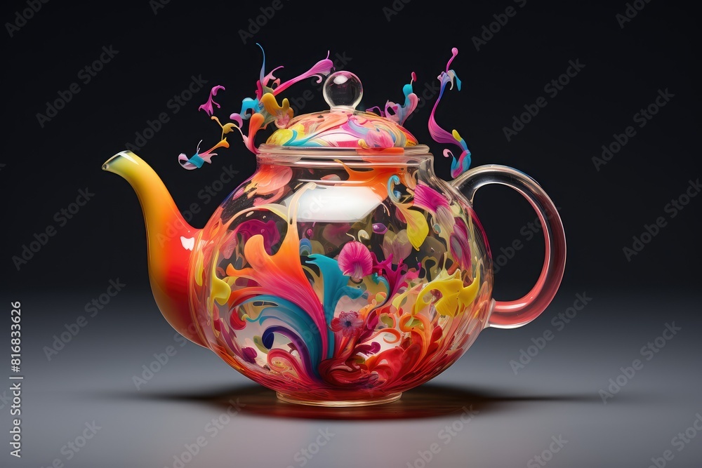 Poster a glass teapot featuring a vibrant and colorful design on its surface, adding a pop of color to the 