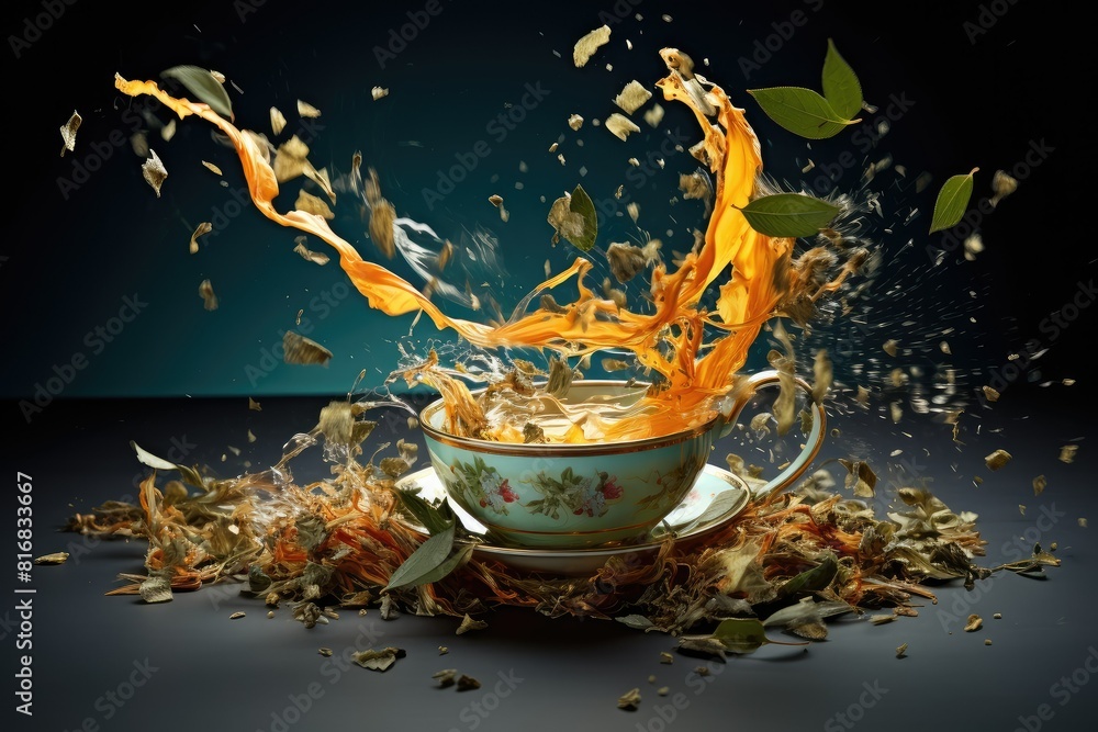 Poster a tea cup with a splash of tea on top, creating a dynamic and modern aesthetic. generative ai