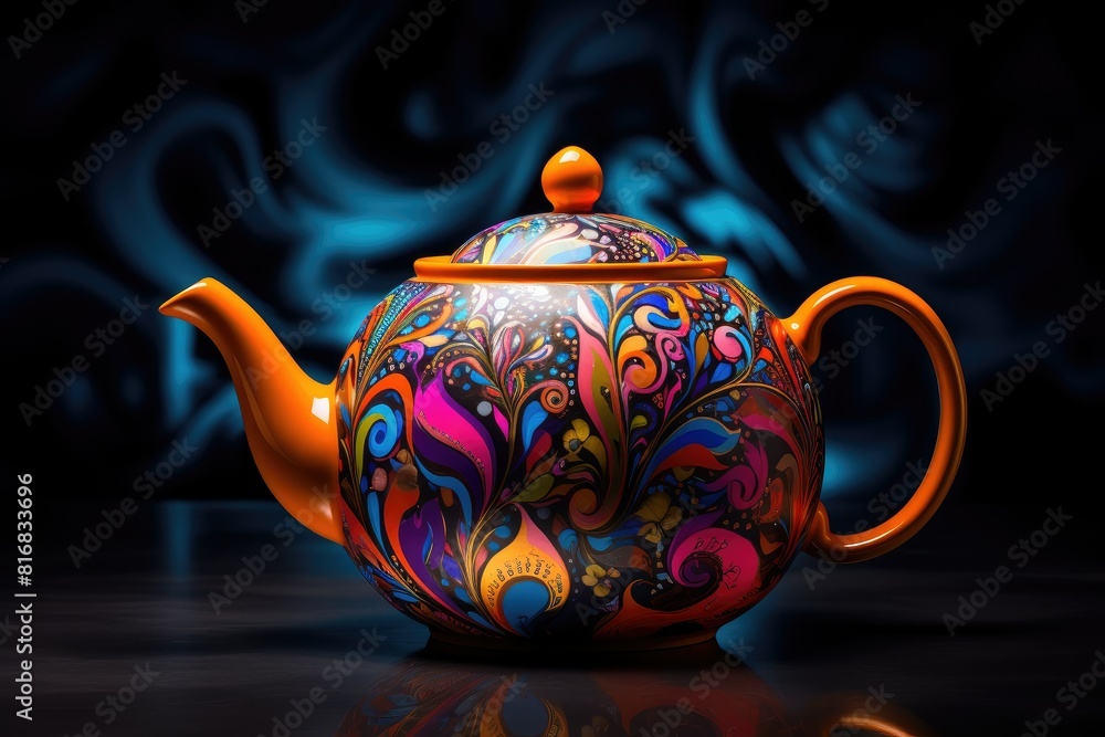 Poster a vibrant teapot with a lid is placed on a table. generative ai