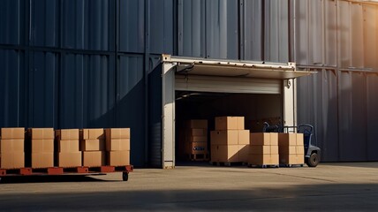 Outside of Logistics Warehouse with Open Door, Delivery Van Loaded with Cardboard Boxes. Truck Delivering Online Orders, Purchases, E-Commerce Goods, Wholesale Merchandise.
