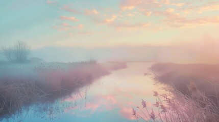 Soft pastel shades blending seamlessly, casting a gentle and tranquil glow over the landscape.