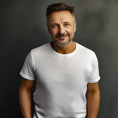 PORTRAIT OF A MIDDLE AGED WHITE MAN, GOOD LOOKING, HANDSOME, WEARING A TSHIRT. HAPPY AND SMILING, PLAIN BACKGROUND