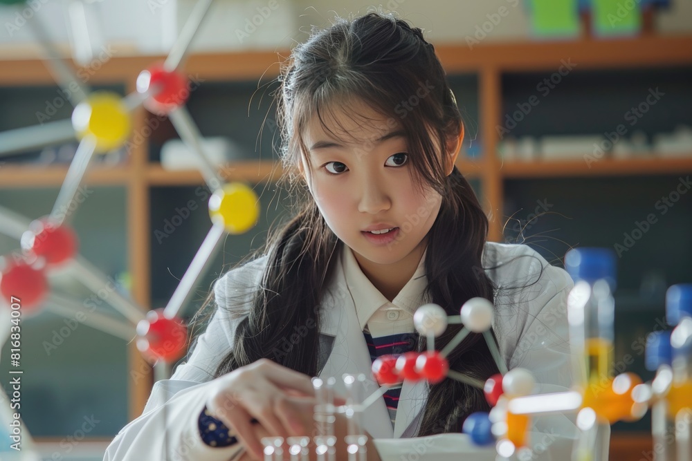 Poster a young girl in a lab coat is working on a science experiment. she is focused and determined, and th
