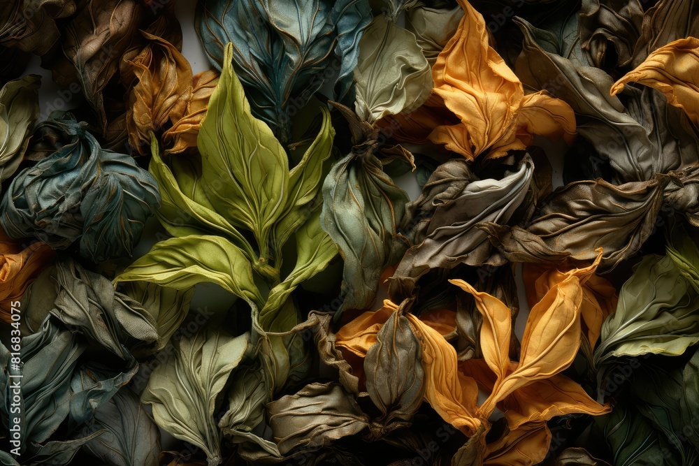 Poster close-up view of a bunch of colorful leaves clustered together, showcasing their unique shapes and t