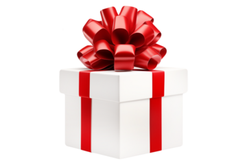 White gift box with red bow isolated on transparent background.