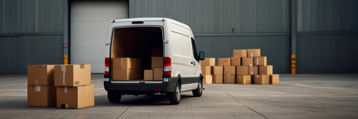 Outside of Logistics Warehouse with Open Door, Delivery Van Loaded with Cardboard Boxes. Truck Delivering Online Orders, Purchases, E-Commerce Goods, Wholesale Merchandise.