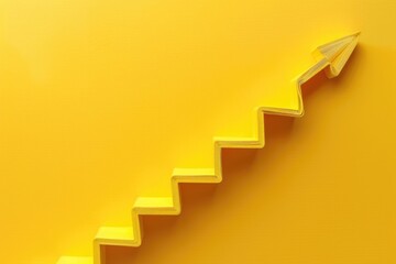 Paper airplane flying up yellow wall staircase, ideal for creative concepts