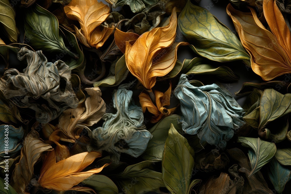 Poster multiple leaves of varying sizes and colors scattered and laying on the ground in a disorganized clu