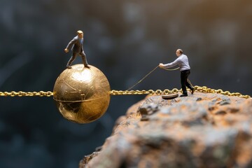 A man is pulling a gold ball up a rope. The man is wearing a suit and tie