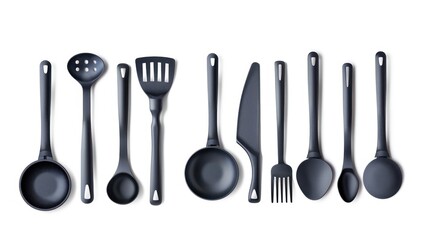 Arrangement of soup ladles and spoons Spatula in the kitchen Skimmer spoon, meat fork, large spoon,