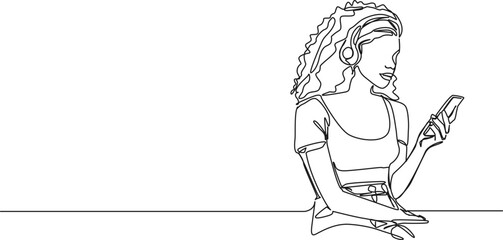 Obraz premium continuous single line drawing of young woman with smartphone, line art vector illustration