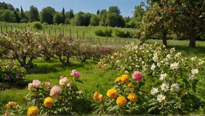 A beautiful field of flowers and fruit trees.