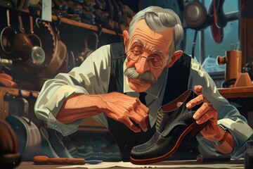 Elderly man examining a pair of shoes. Ideal for advertisements or articles about footwear