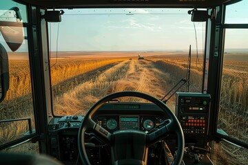 Harvesting scene from tractor's cabin at sunset