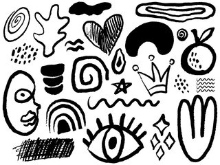 Charcoal graffiti doodle different shapes collection. Hand drawn abstract scribbles and squiggles, creative various shapes, pencil drawn icons