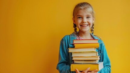 A happy smiling girl holding a stack of books