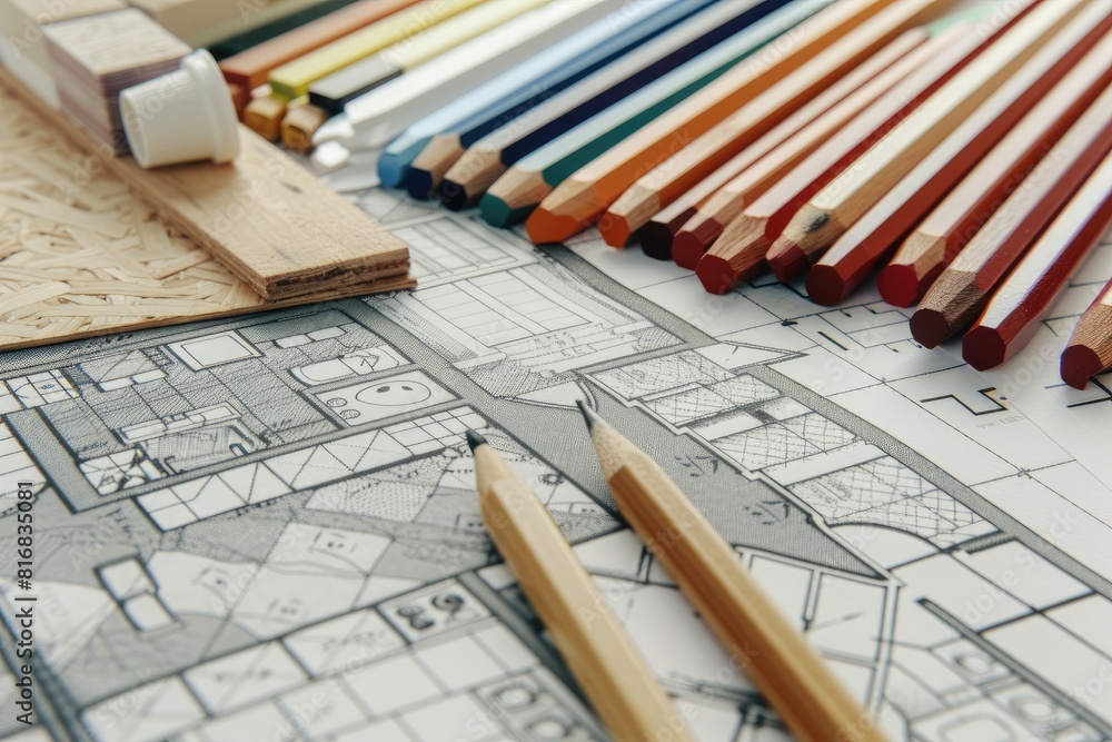 Poster a drawing of a building with pencils and a pencil sharpener on top of it. the pencils are of differe