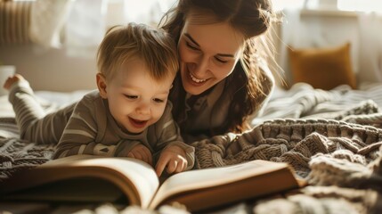 A warm picture of a mother and son reading a book together.