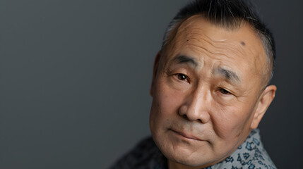 Obraz premium An Asian man in his 60s confidently posing for a photo, showcasing his newly transplanted hairline and the bandage on the back of his head, demonstrating the positive impact of FUE hair transplant.