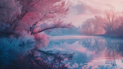 Subdued pastel hues casting a serene glow, enveloping the environment in a quiet beauty.