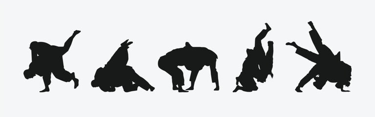 Judo vector set silhouettes on white background. Different action, pose. Martial arts, jiu jitsu, sport. Graphic illustration.