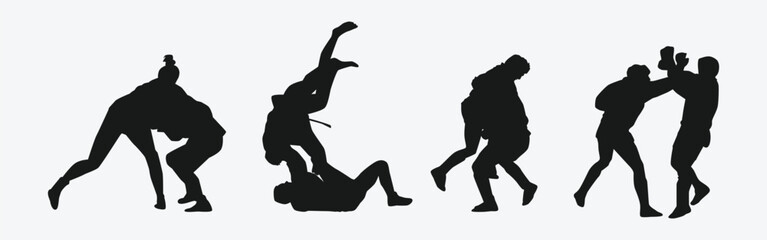 Sambo vector set silhouettes on white background. Different action, pose. Martial arts, combat sambo, sport. Graphic illustration.