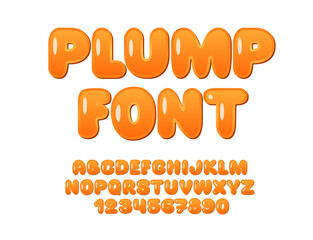Plump Font. Round Bubble Alphabet. Bright Orange Rotund Abc Type.