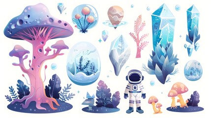 Enchanting Fantasy Landscape with Cosmic Mushrooms Crystals and Astronaut